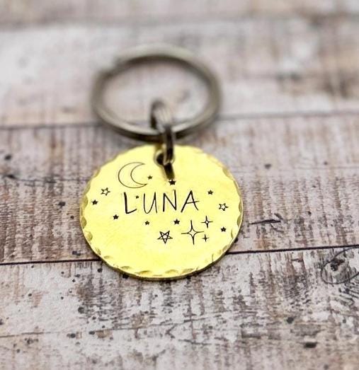 Personalized Dog Tag, Gold Dog Tag, Moon and Stars