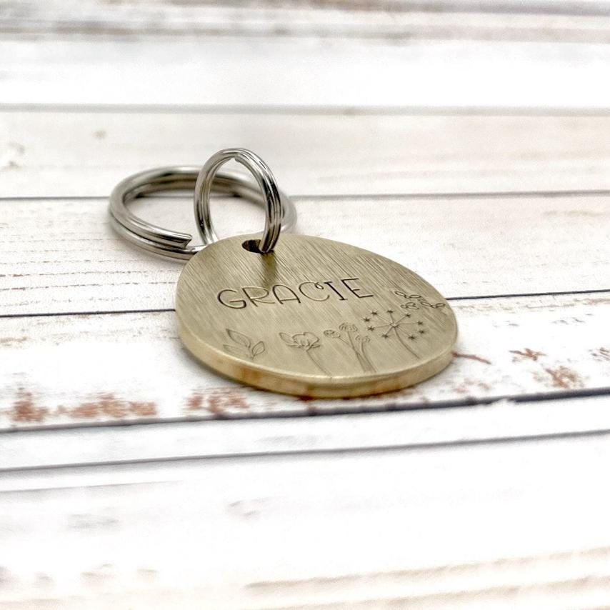 Personalized Dog Tag - Brass Dog Tag - Flowers and Nature