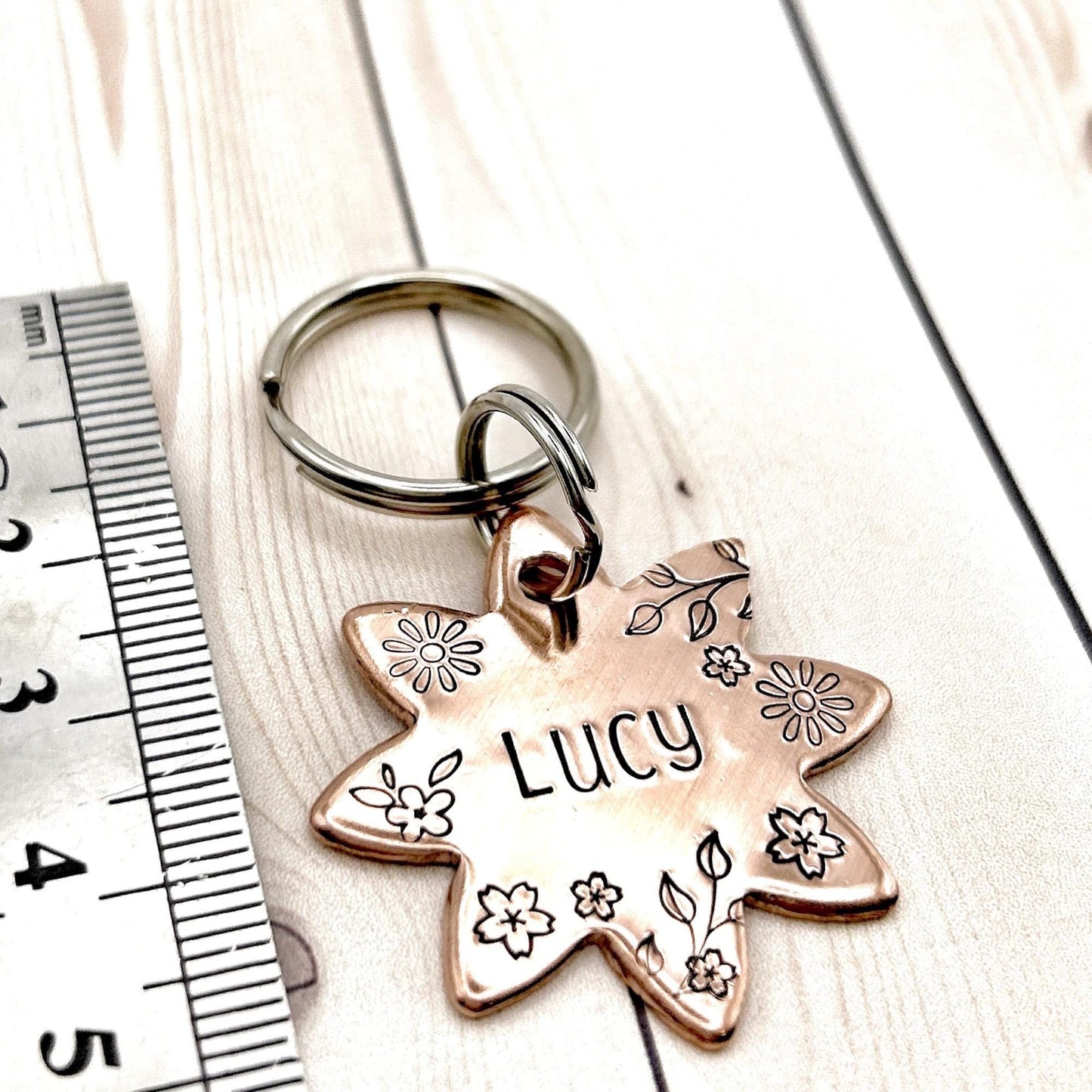 Flower Dog Tag, Personalized Copper Dog Tag, Engraved Brass Dog Tag