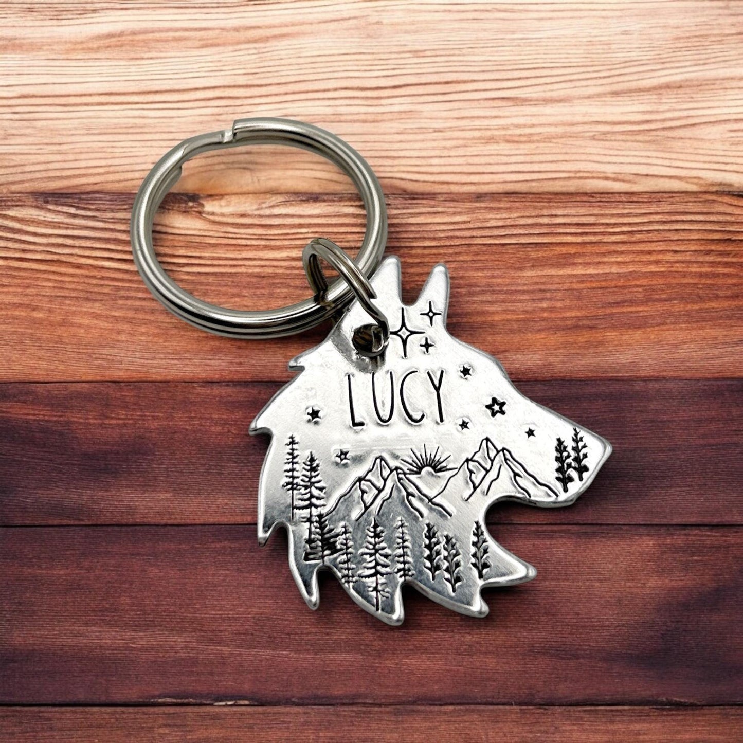 Personalized Husky Tag - Engraved Dog Tag with Trees and Mountains