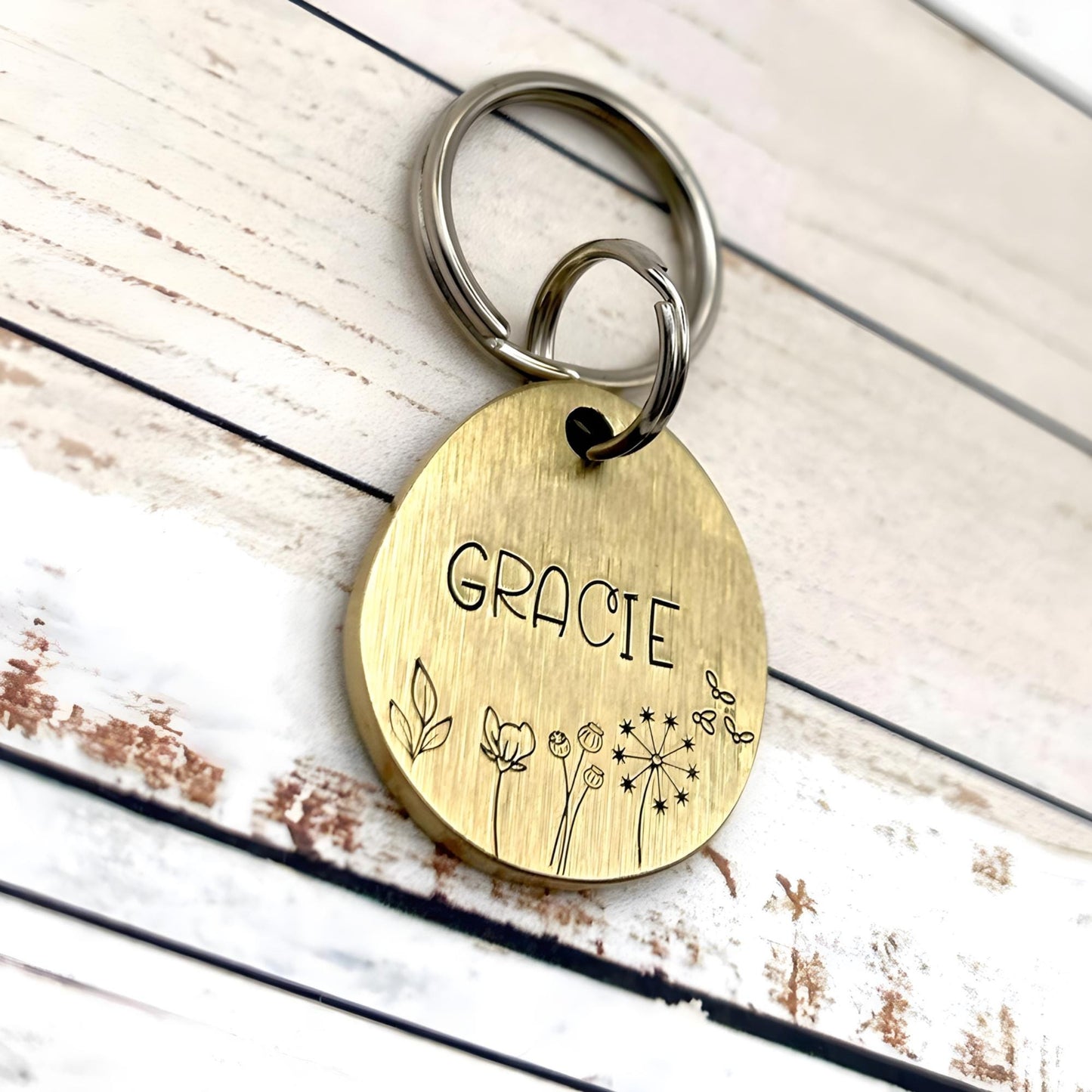 Personalized Dog Tag - Brass Dog Tag - Flowers and Nature