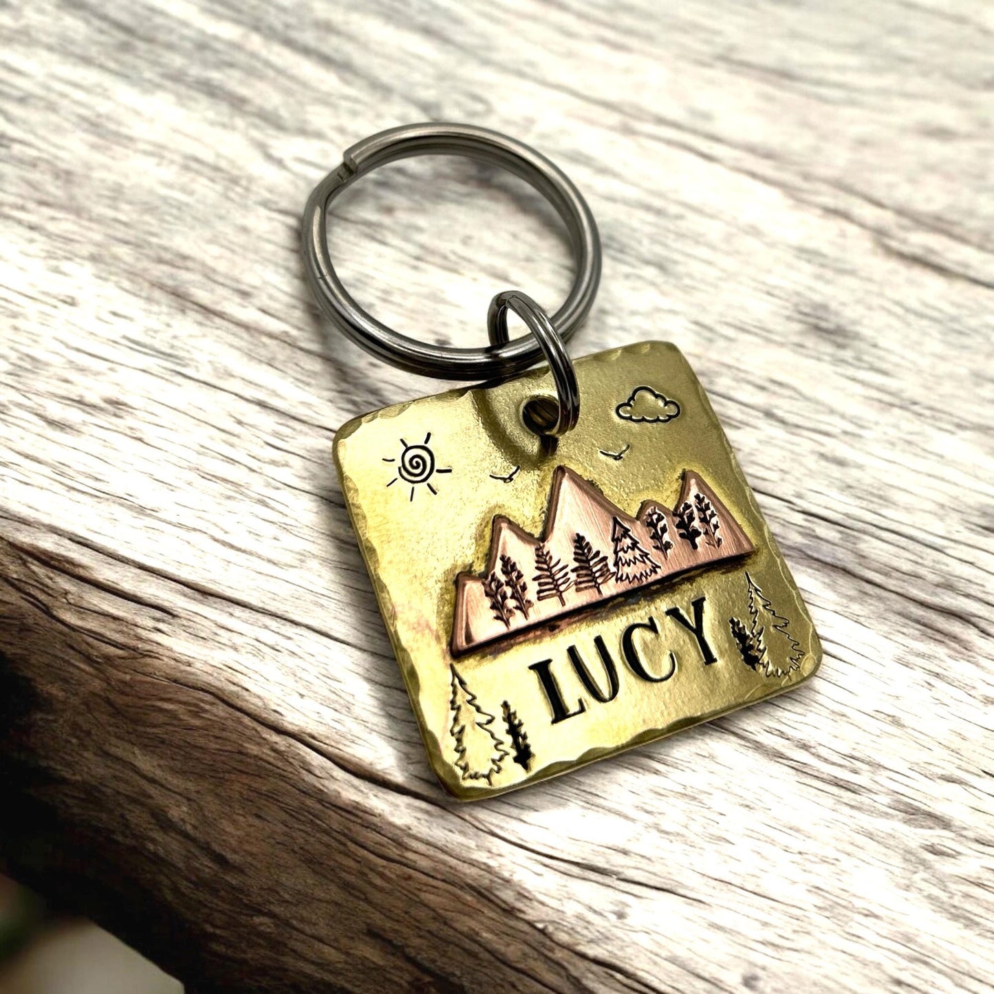 Brass Dog Tag with Mountain Landscape – Personalized Engraving – Unique Dog Accessory