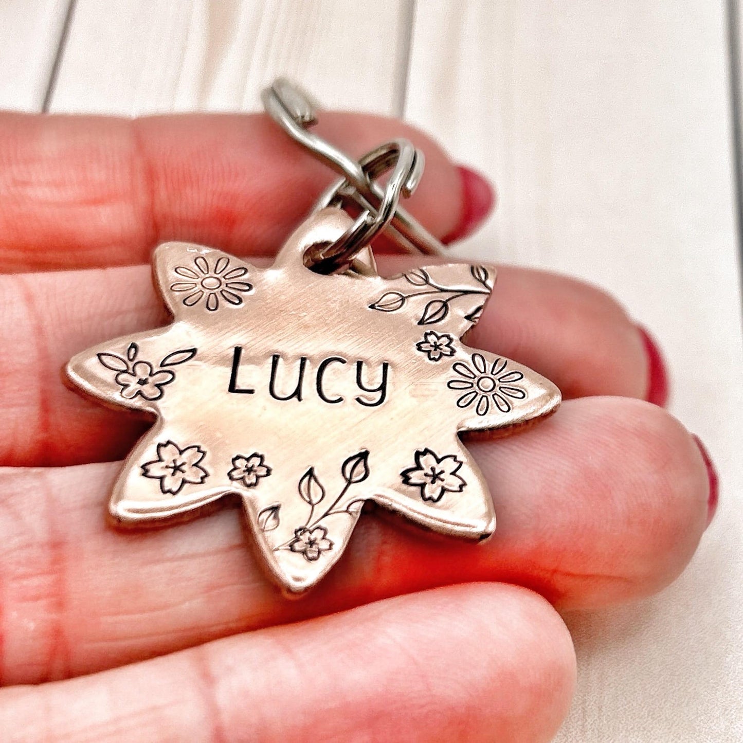 Flower Dog Tag, Personalized Copper Dog Tag, Engraved Brass Dog Tag