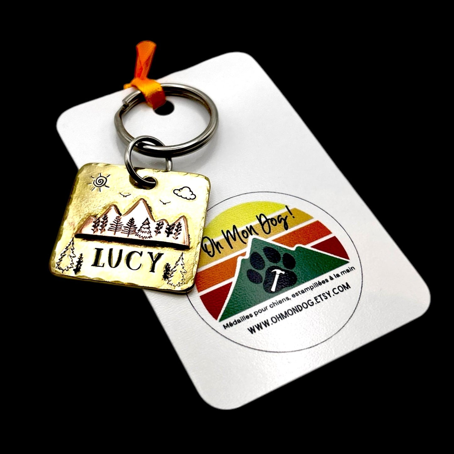 Brass Dog Tag with Mountain Landscape – Personalized Engraving – Unique Dog Accessory