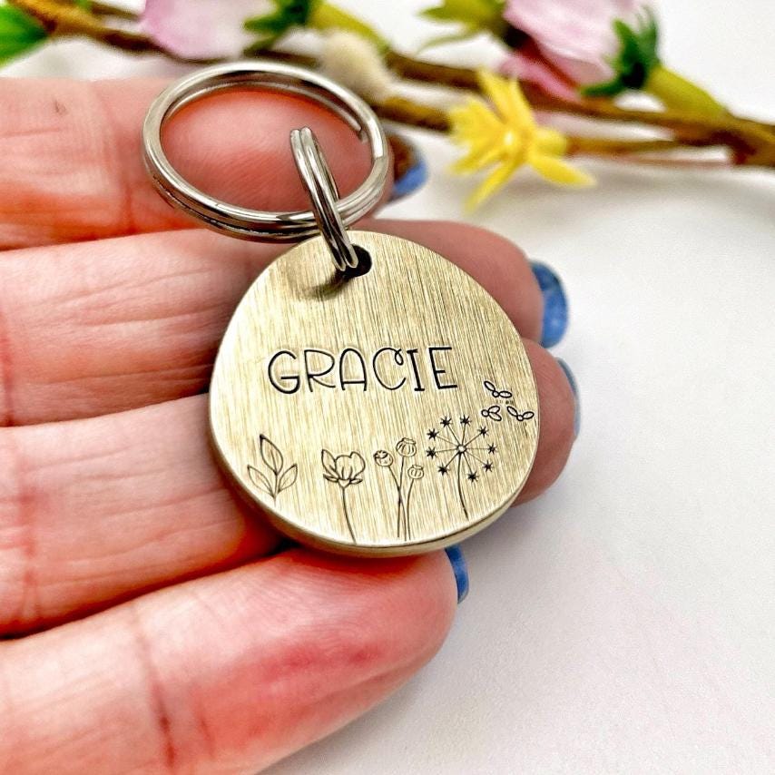 Personalized Dog Tag - Brass Dog Tag - Flowers and Nature