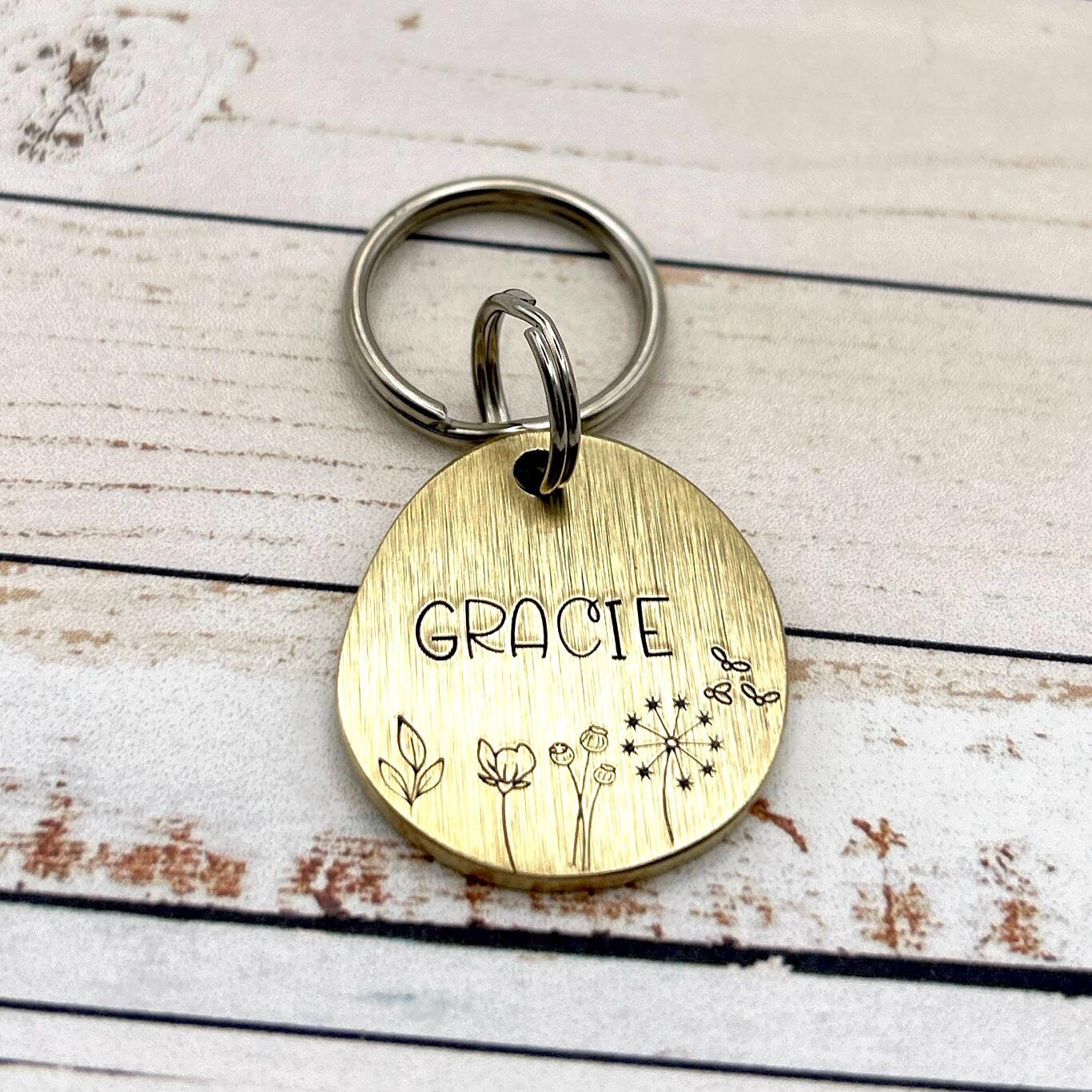 Personalized Dog Tag - Brass Dog Tag - Flowers and Nature