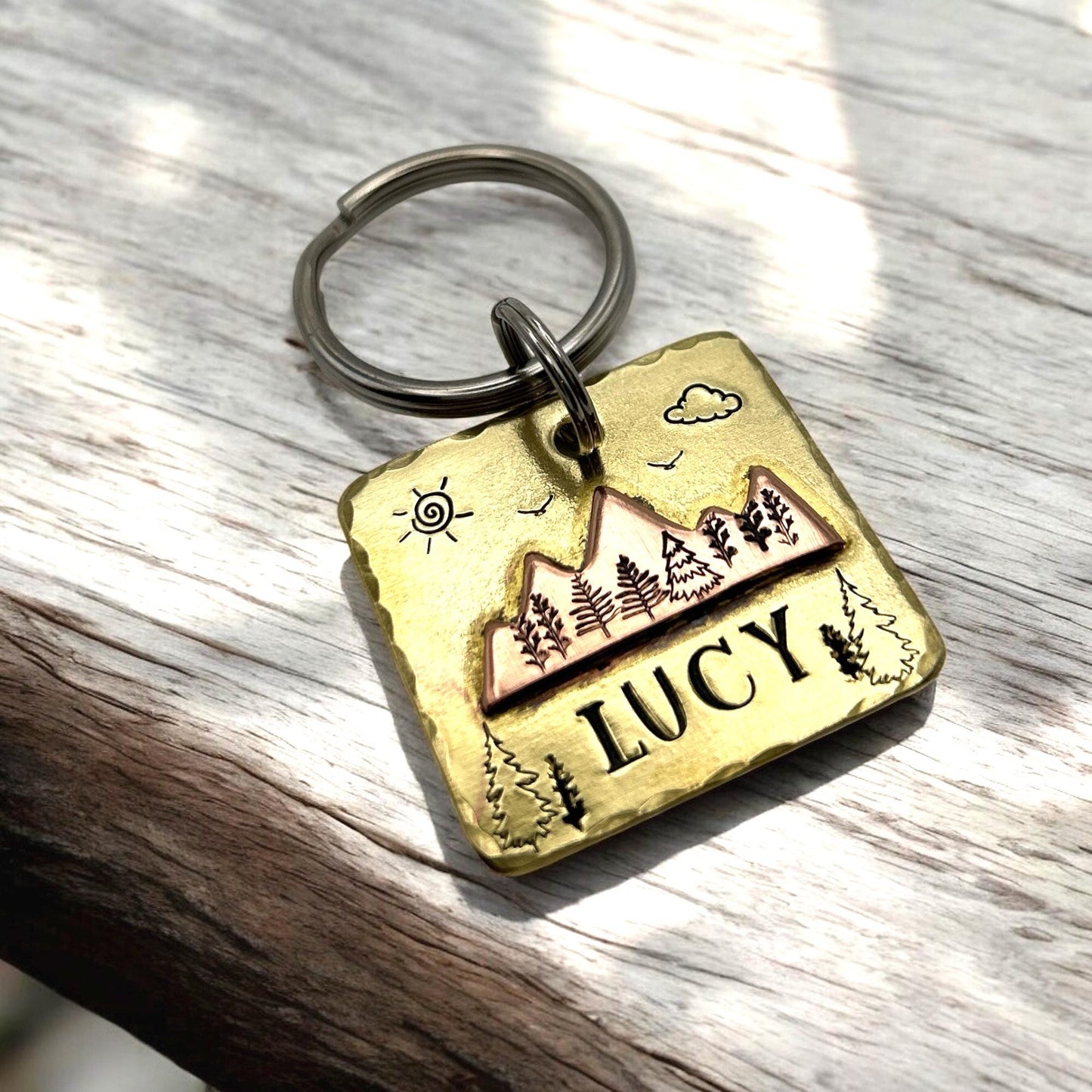 Brass Dog Tag with Mountain Landscape – Personalized Engraving – Unique Dog Accessory