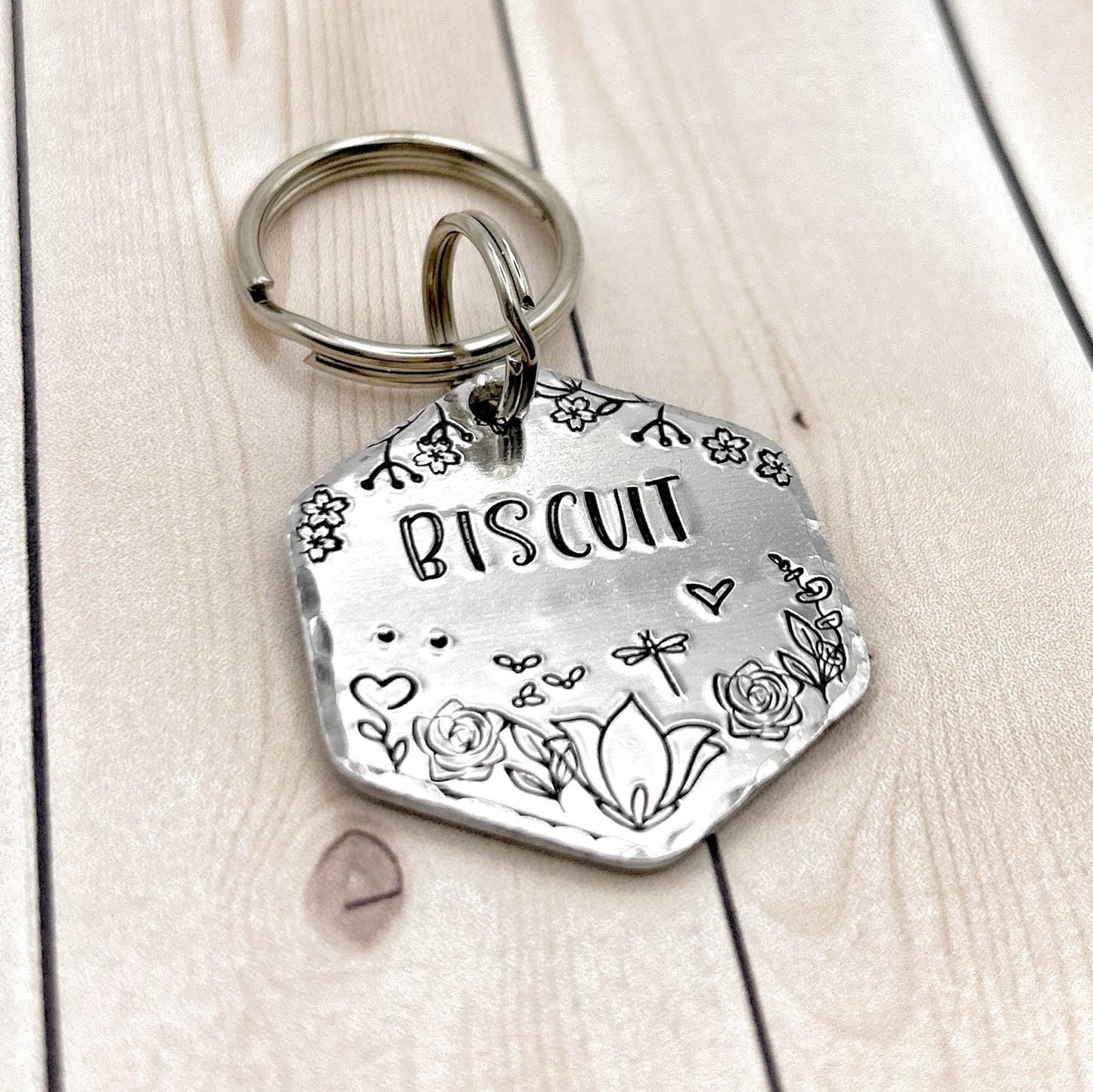 Personalized Dog Tag, Customizable Dog ID Tag, Silver Hexagon Medallion, Flowers and Nature