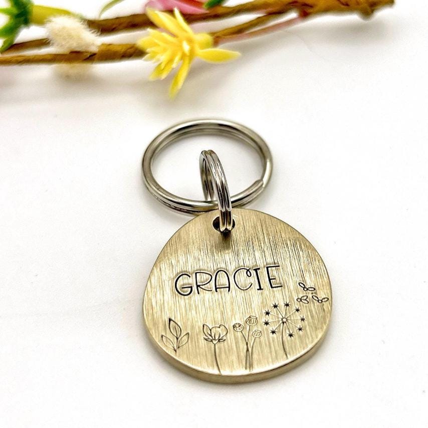 Personalized Dog Tag - Brass Dog Tag - Flowers and Nature