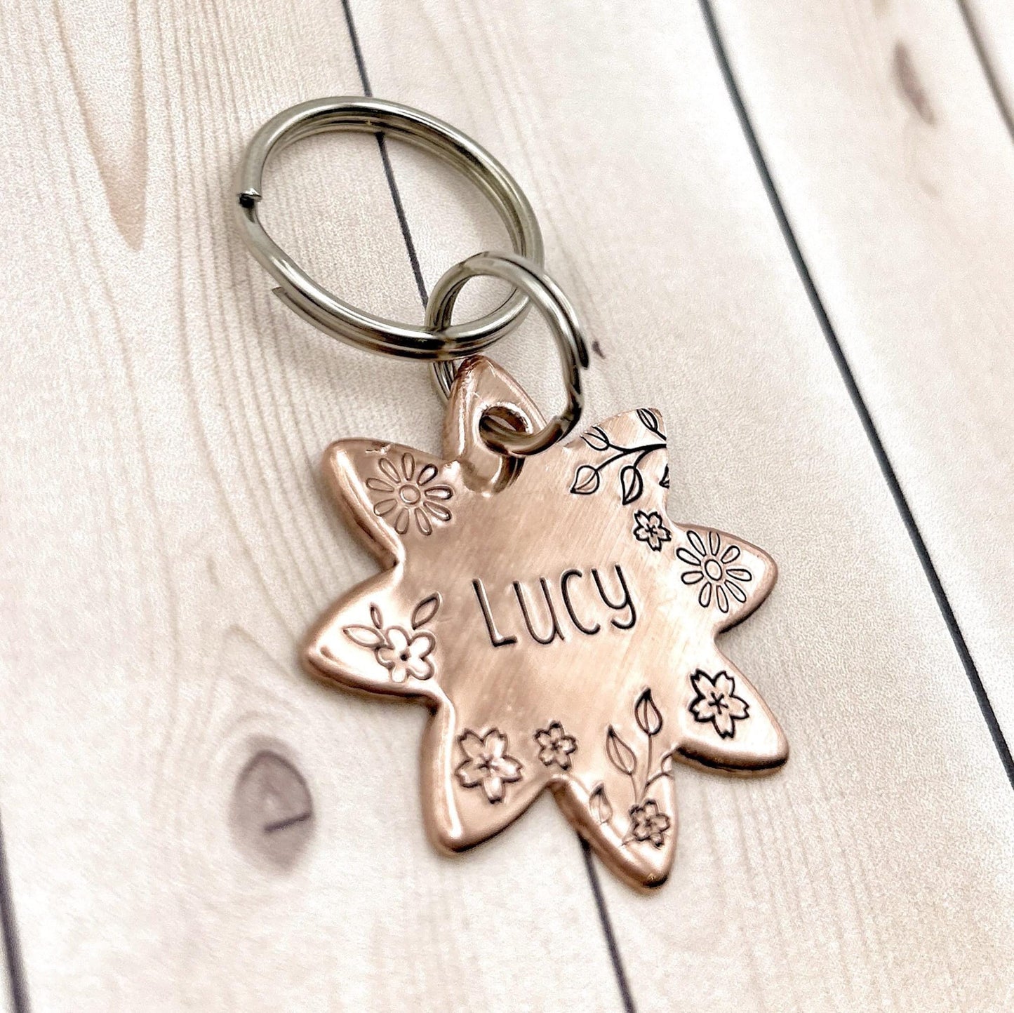 Flower Dog Tag, Personalized Copper Dog Tag, Engraved Brass Dog Tag