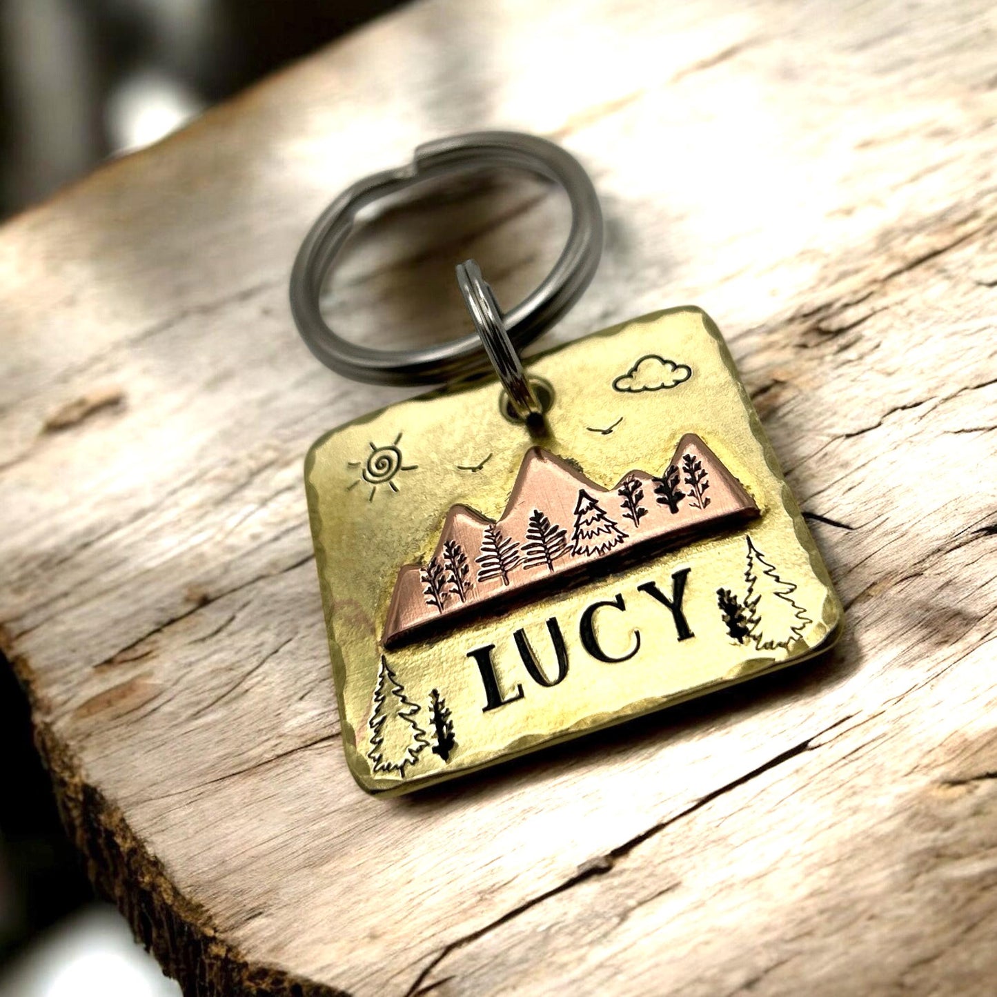 Brass Dog Tag with Mountain Landscape – Personalized Engraving – Unique Dog Accessory