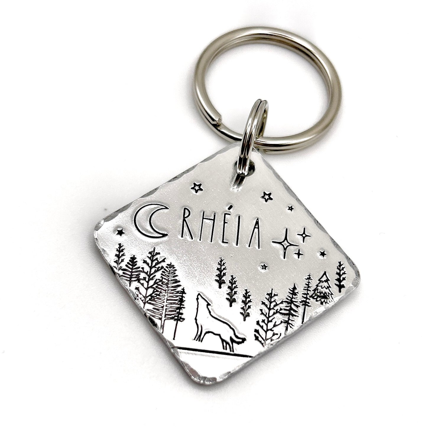 Médaille de Chien Personnalisée, Médaillon Chien avec Loup, Montagne et Forêt