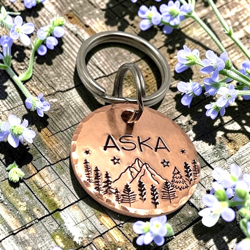 Personalized Dog Tag, Engraved Dog Tag, Forest and Mountains