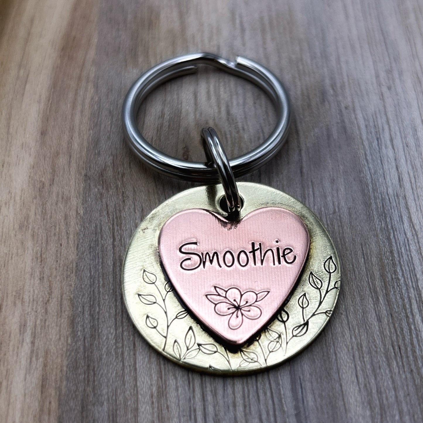 Customizable Brass Dog Tag with Heart and Flowers
