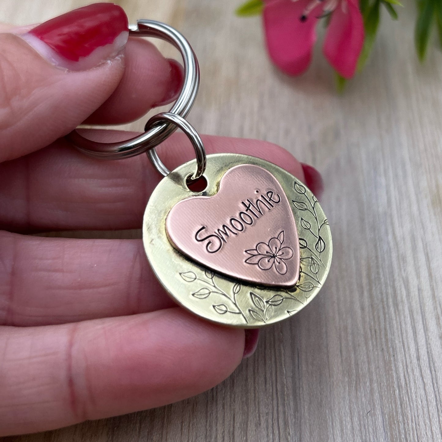 Customizable Brass Dog Tag with Heart and Flowers
