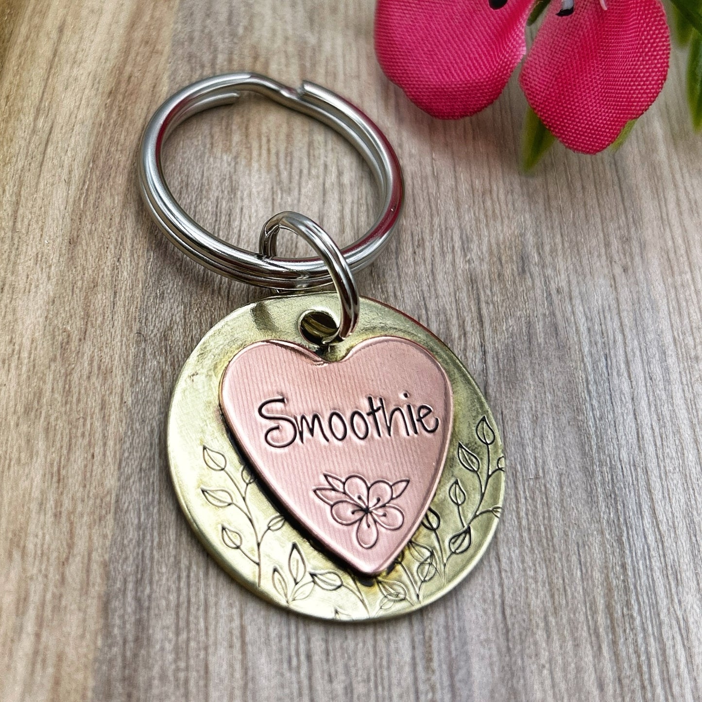 Customizable Brass Dog Tag with Heart and Flowers