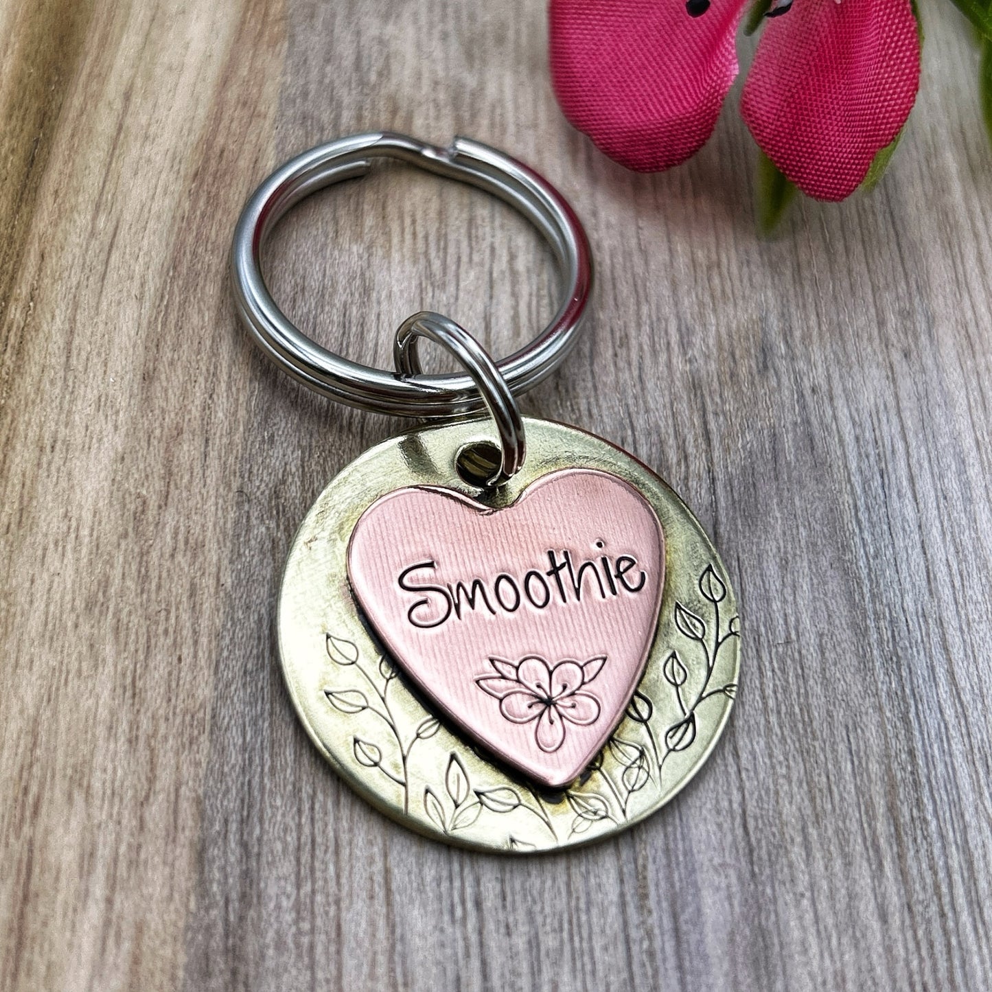 Customizable Brass Dog Tag with Heart and Flowers