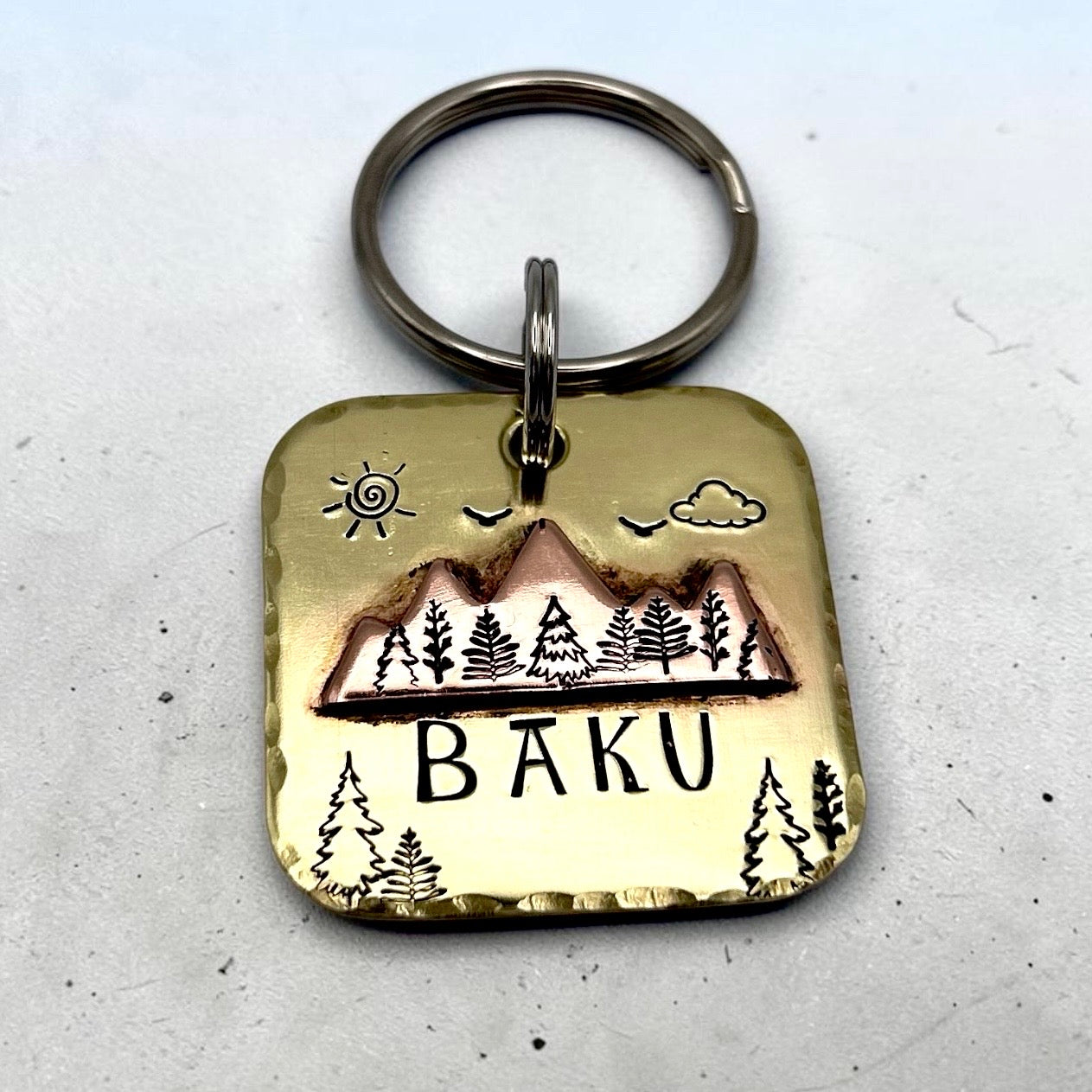 Brass Dog Tag with Mountain Landscape – Personalized Engraving – Unique Dog Accessory