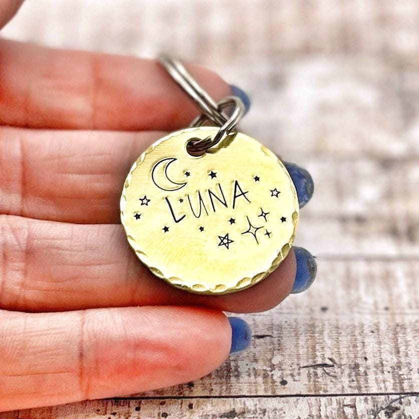 Personalized Dog Tag, Gold Dog Tag, Moon and Stars