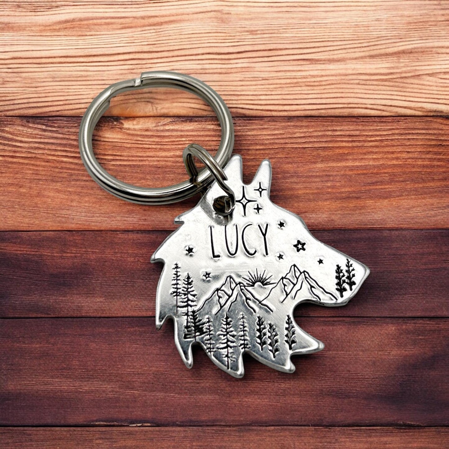 Personalized Husky Tag - Engraved Dog Tag with Trees and Mountains
