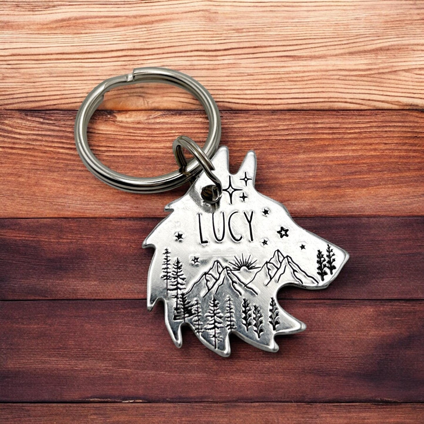 Personalized Husky Tag - Engraved Dog Tag with Trees and Mountains