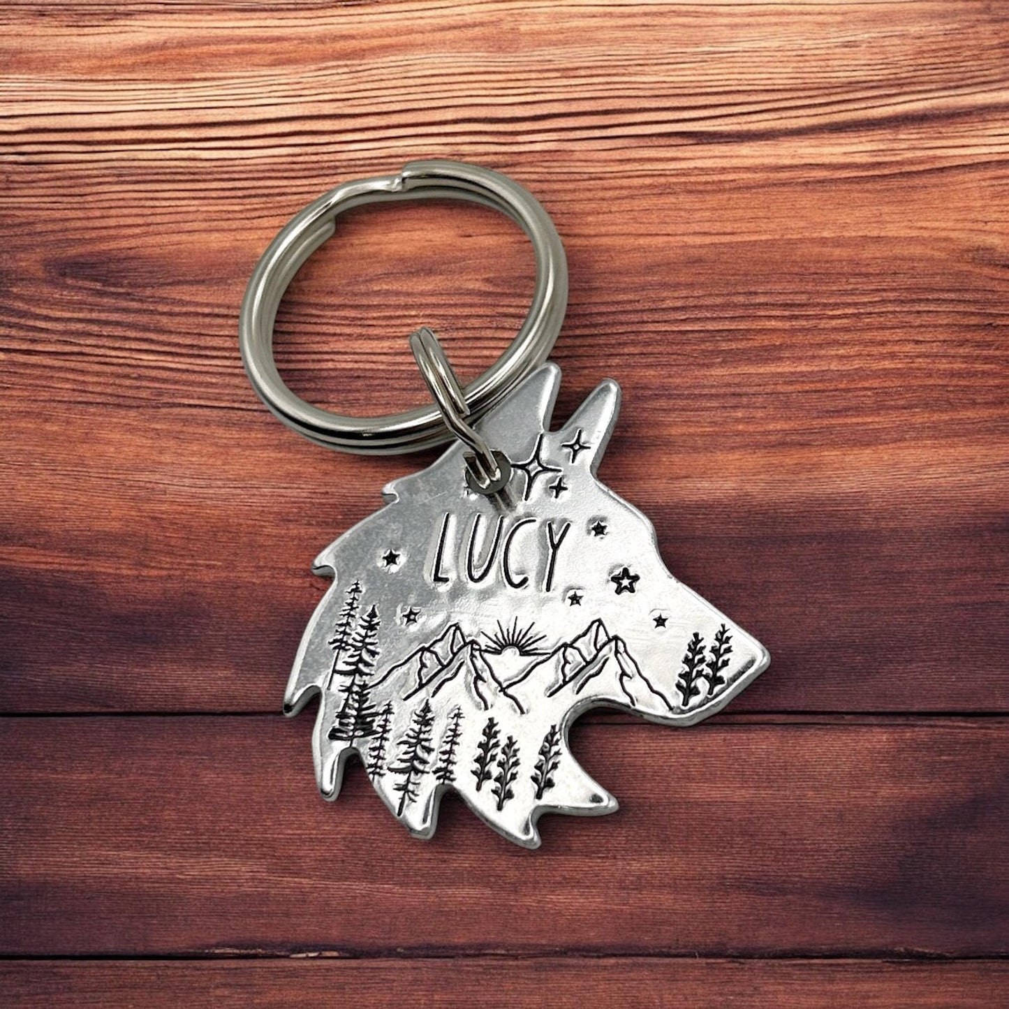 Personalized Husky Tag - Engraved Dog Tag with Trees and Mountains