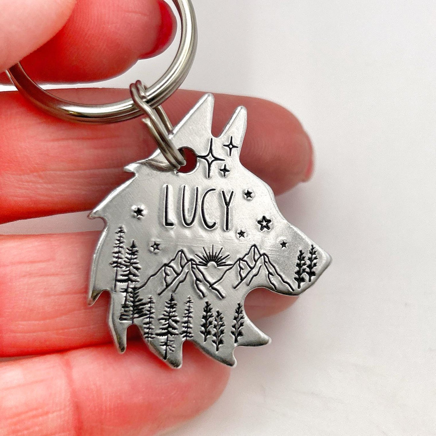 Personalized Husky Tag - Engraved Dog Tag with Trees and Mountains