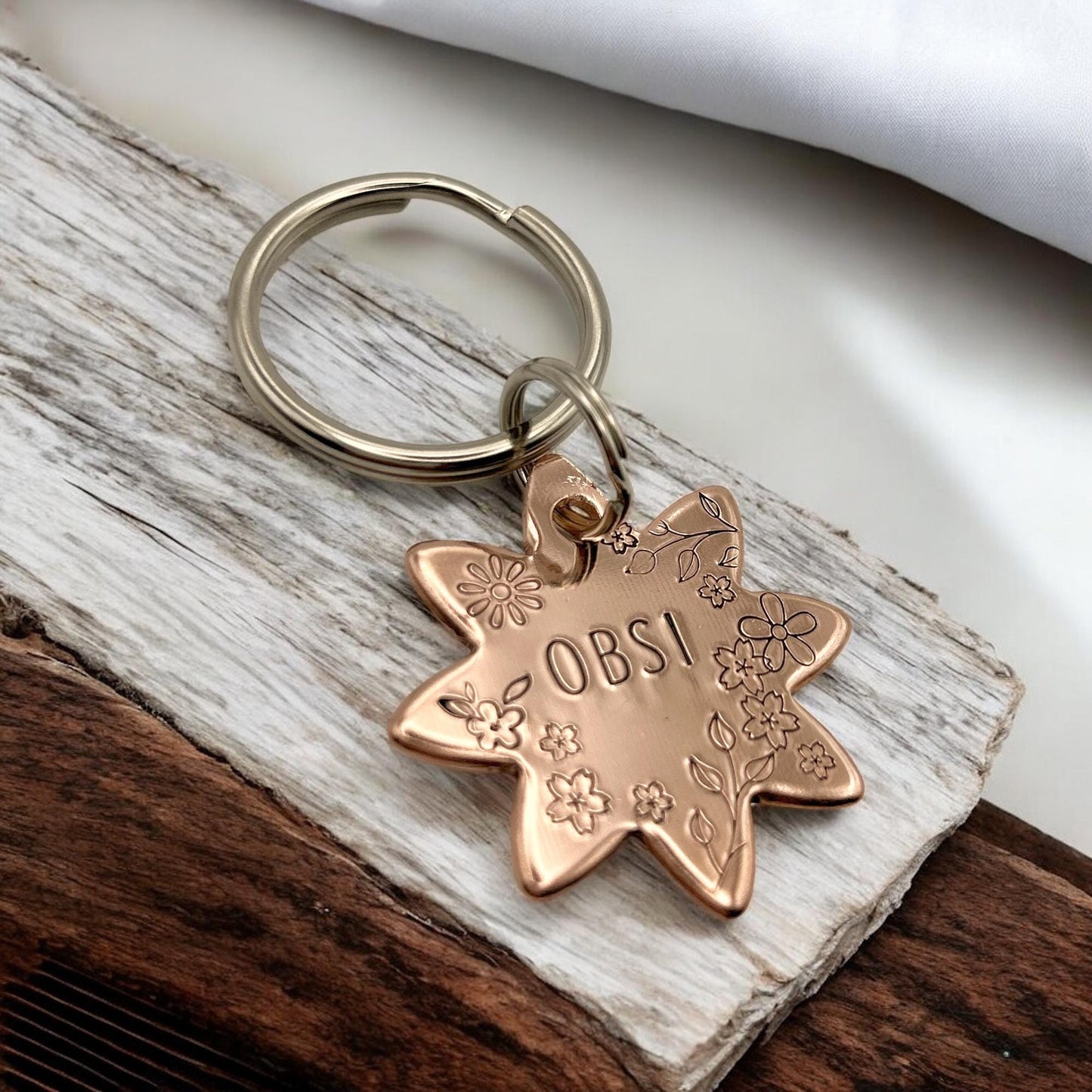 Flower Dog Tag, Personalized Copper Dog Tag, Engraved Brass Dog Tag