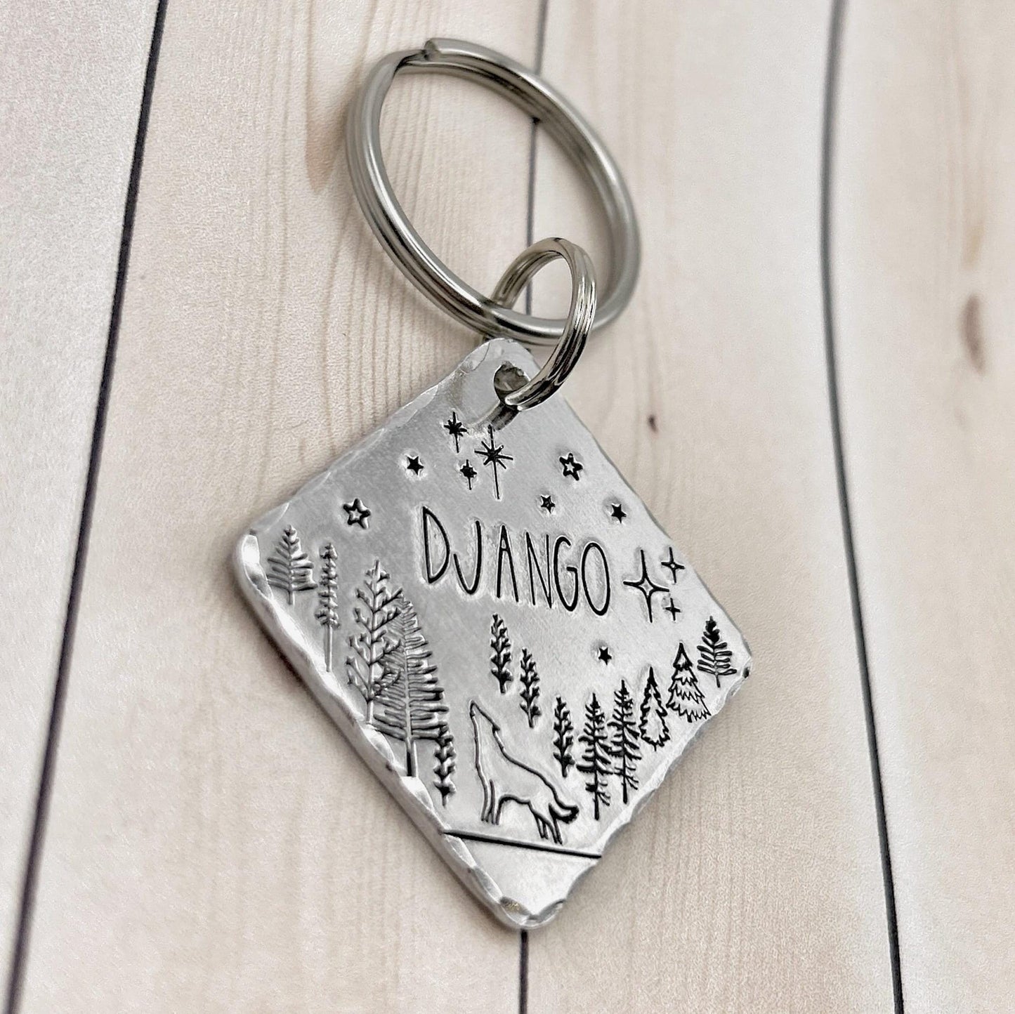 Personalized Dog Tag, Dog Tag with Wolf, Mountain and Forest