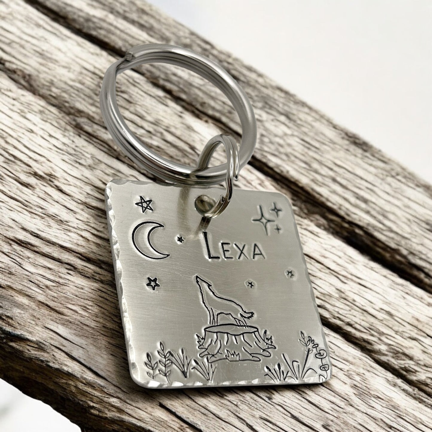 Médaille Personnalisée pour un Chien en Maillechort, Arbres et Forêt, Lune et Loup