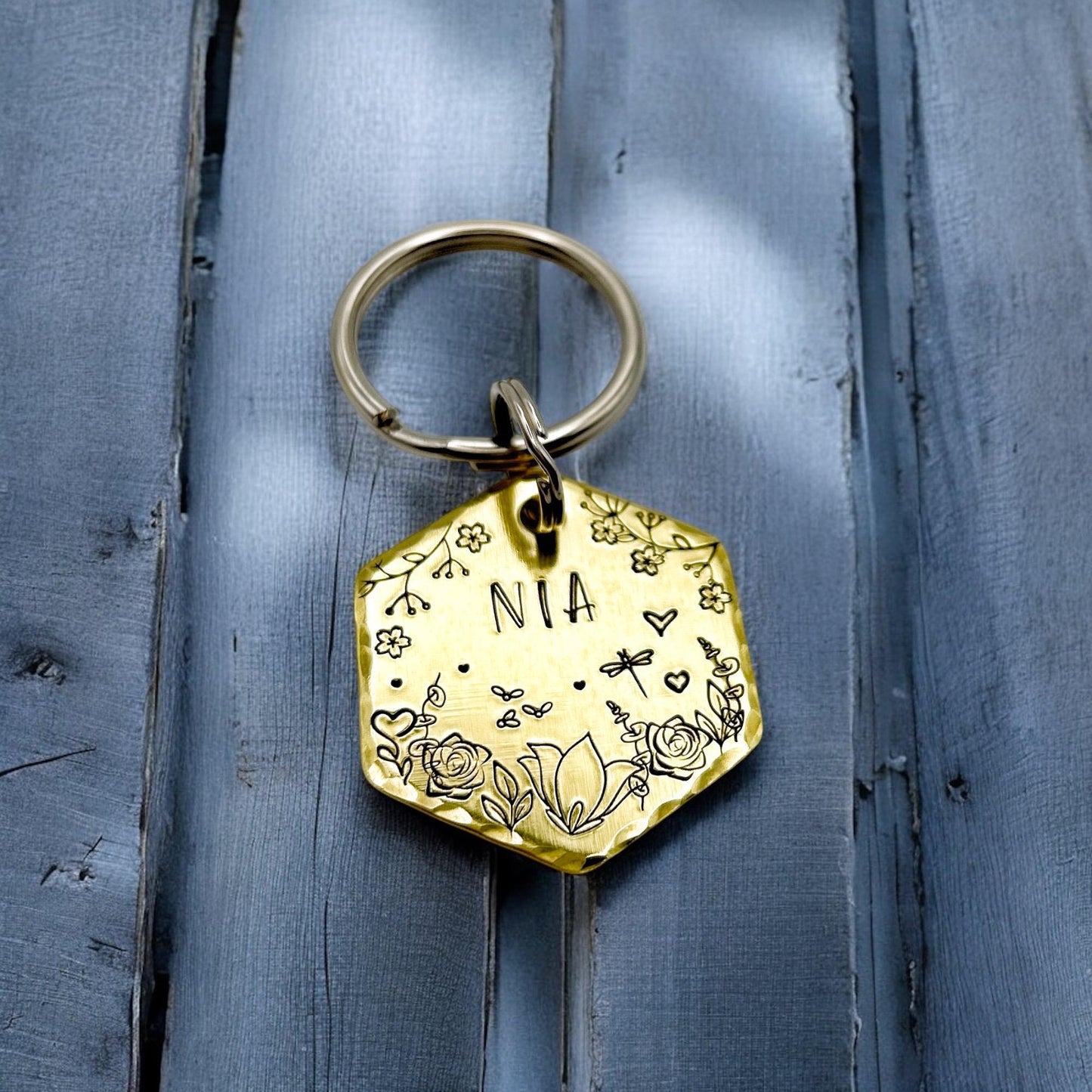 Personalized Dog Tag, Customizable Dog ID Tag, Silver Hexagon Medallion, Flowers and Nature