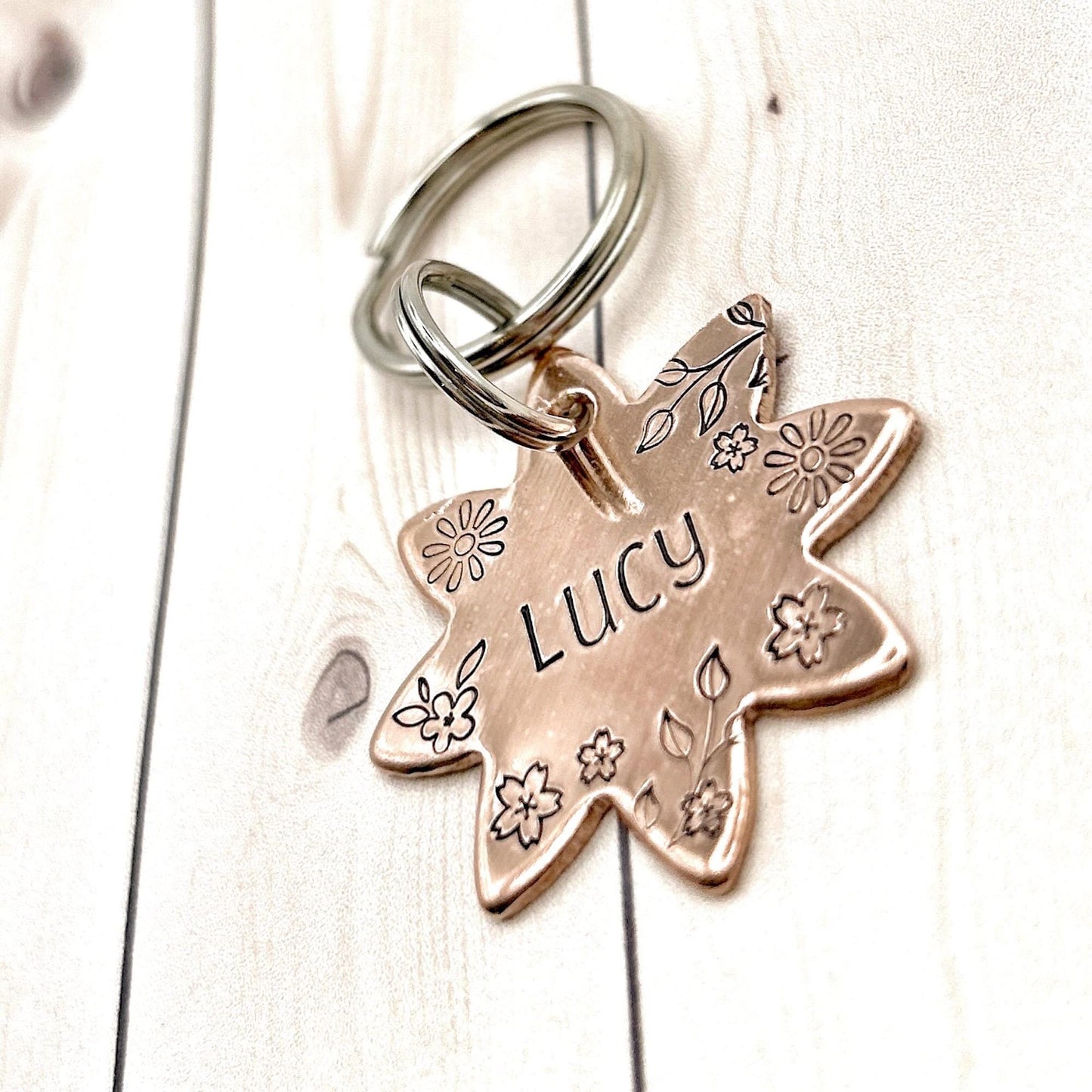 Flower Dog Tag, Personalized Copper Dog Tag, Engraved Brass Dog Tag