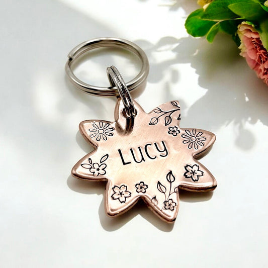 Flower Dog Tag, Personalized Copper Dog Tag, Engraved Brass Dog Tag