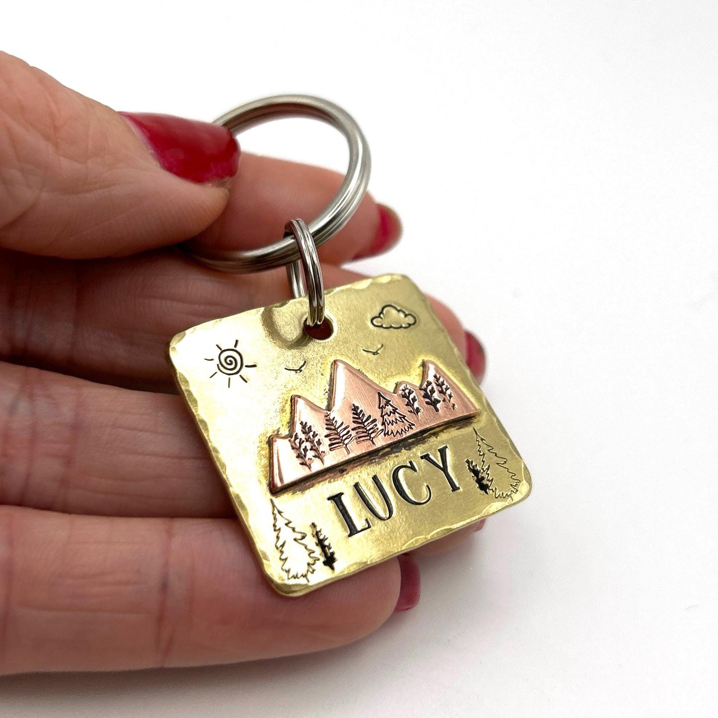 Brass Dog Tag with Mountain Landscape – Personalized Engraving – Unique Dog Accessory
