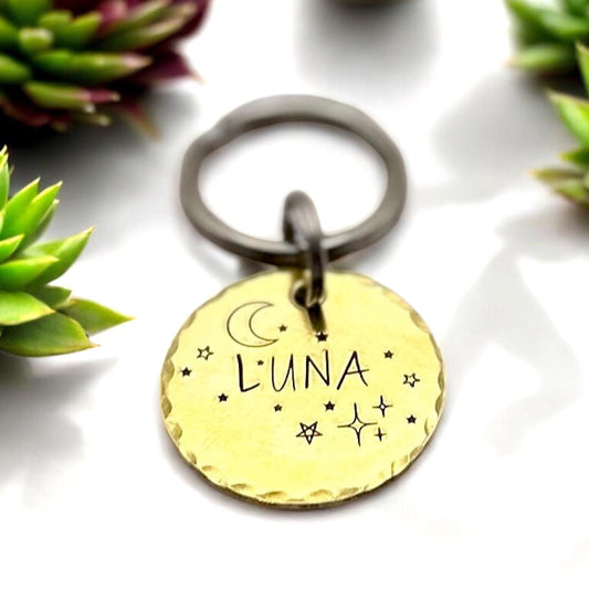 Personalized Dog Tag, Gold Dog Tag, Moon and Stars