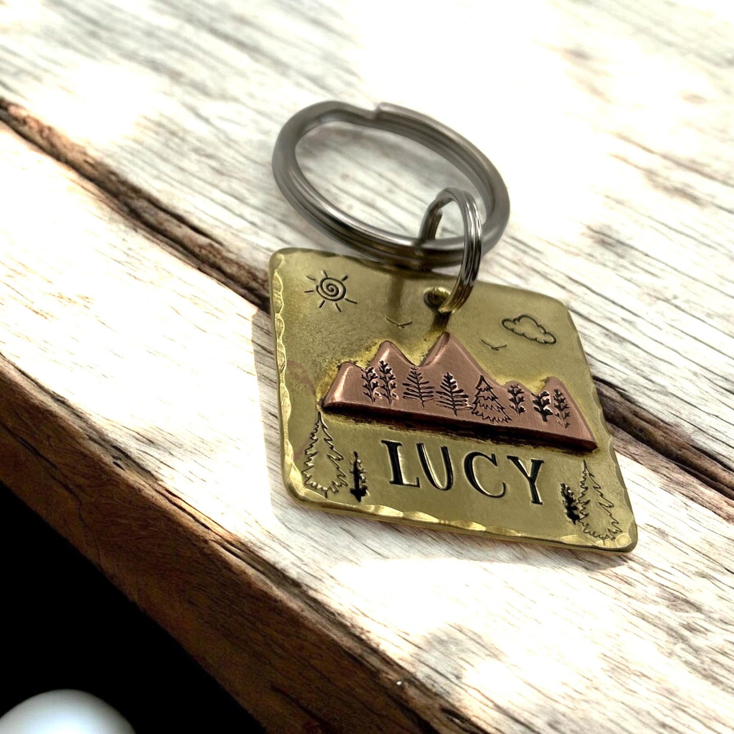 Brass Dog Tag with Mountain Landscape – Personalized Engraving – Unique Dog Accessory