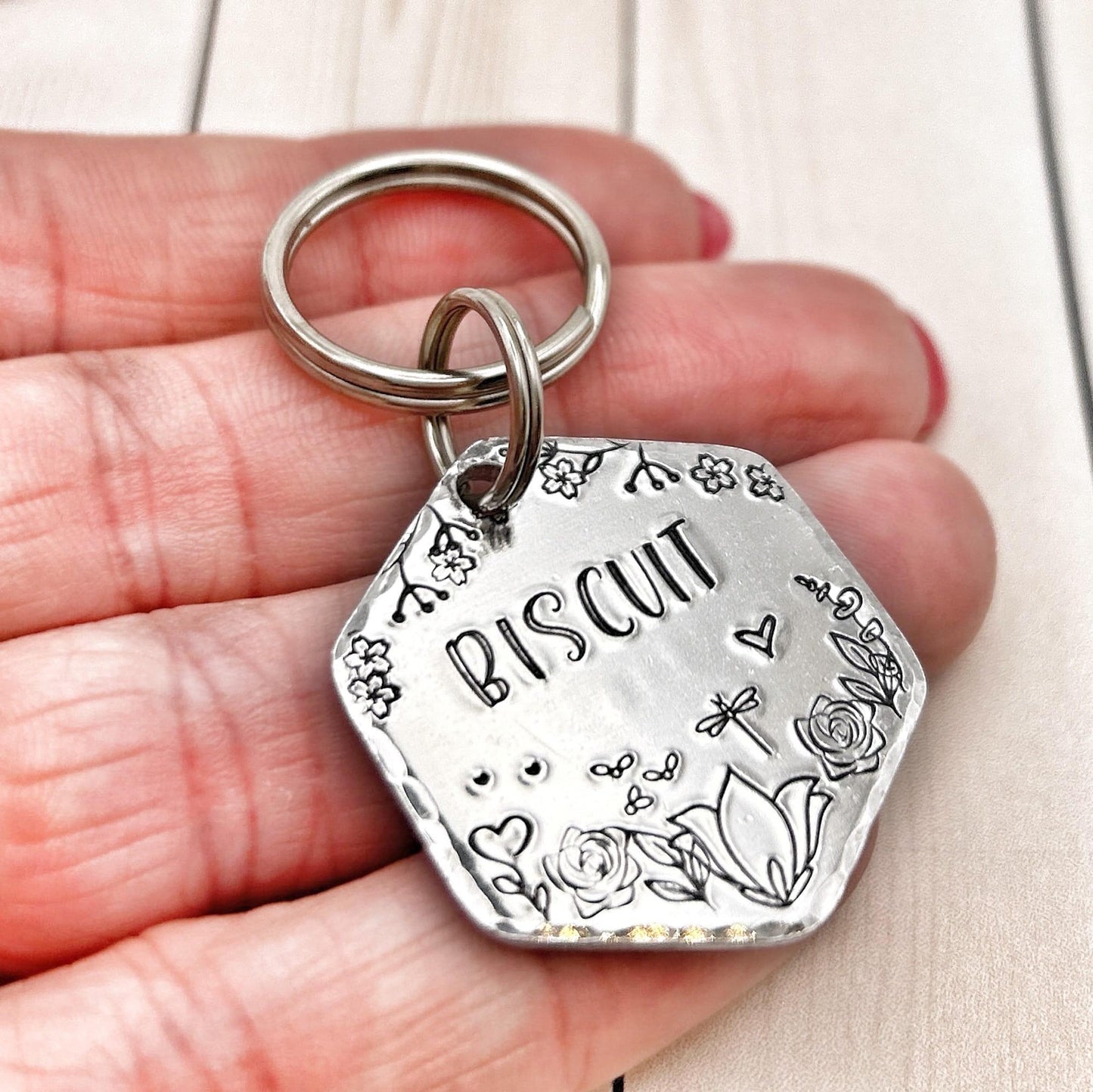 Personalized Dog Tag, Customizable Dog ID Tag, Silver Hexagon Medallion, Flowers and Nature