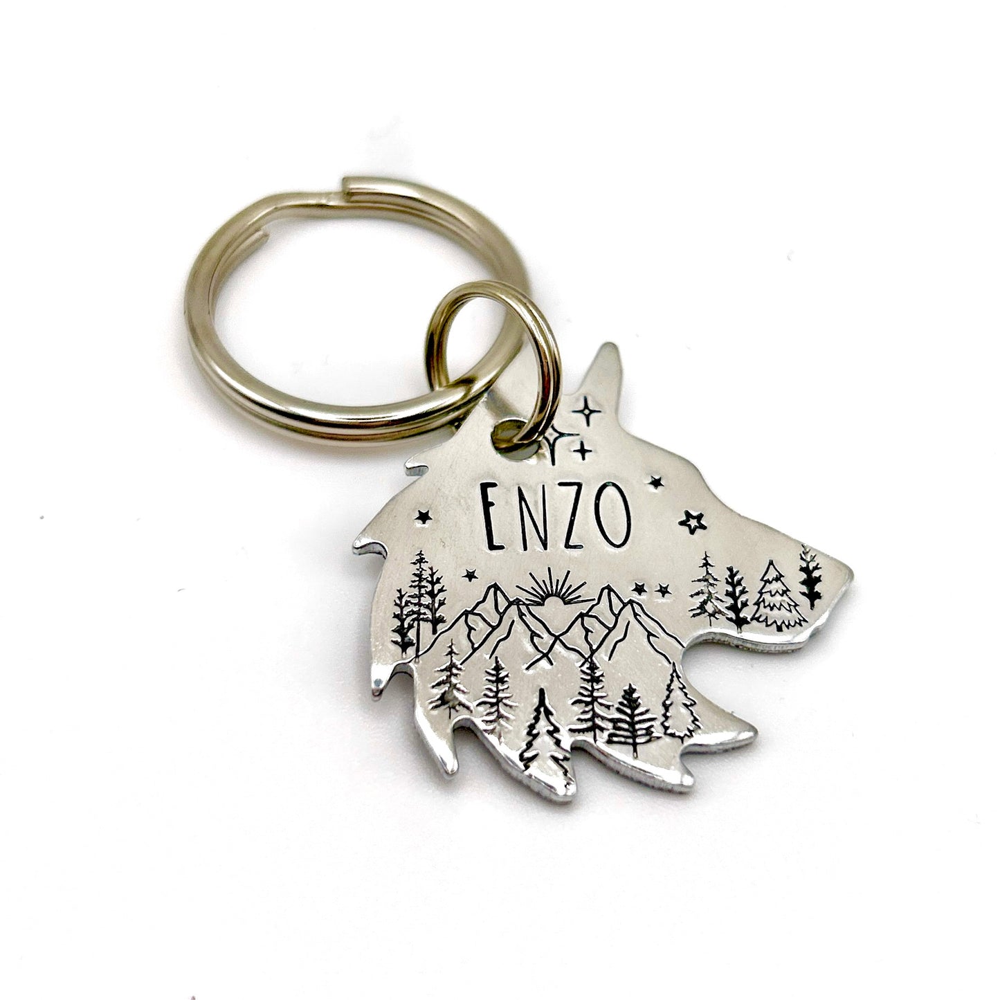 Médaille Personnalisée Husky - Plaque Chien Gravée avec Arbres et Montagnes