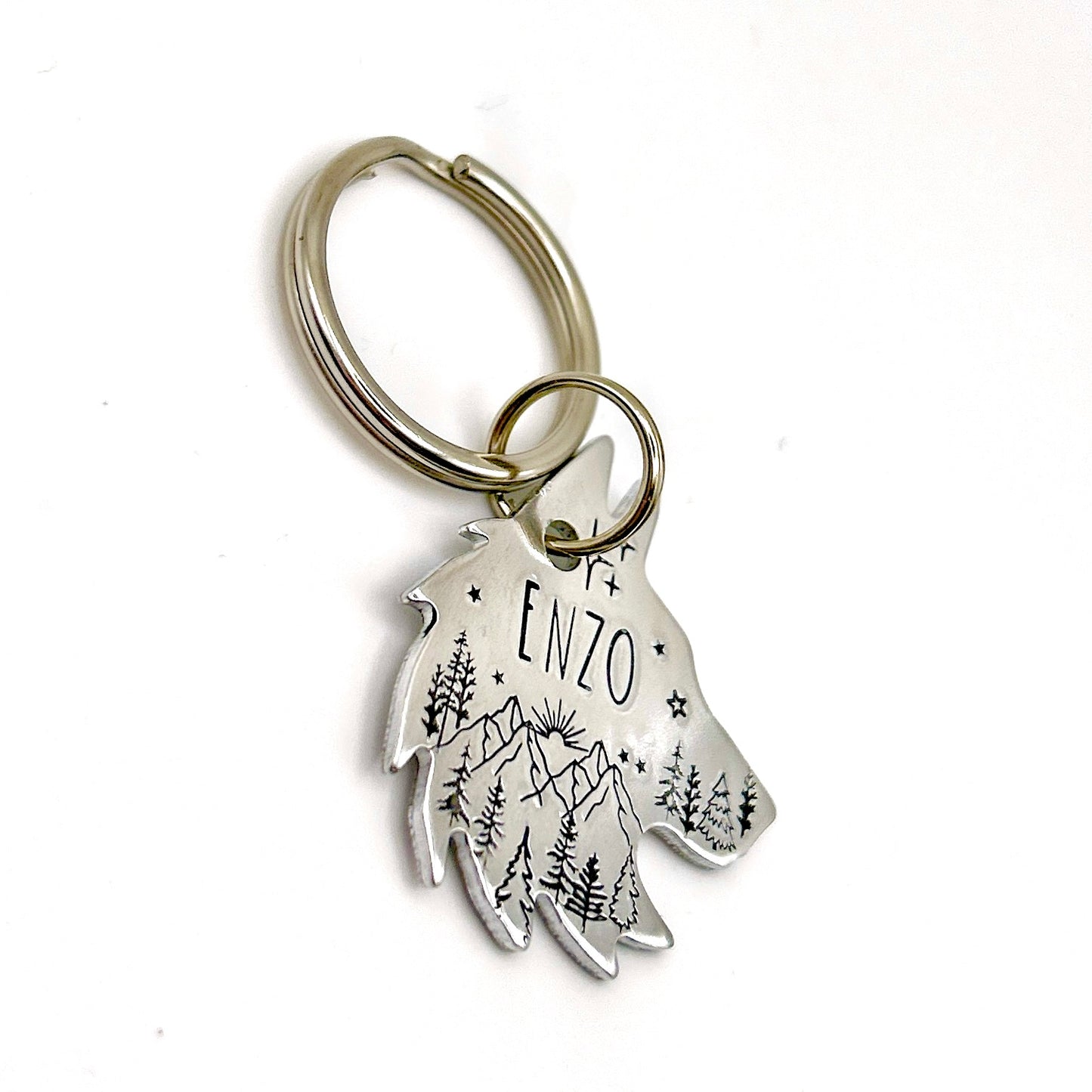 Médaille Personnalisée Husky - Plaque Chien Gravée avec Arbres et Montagnes