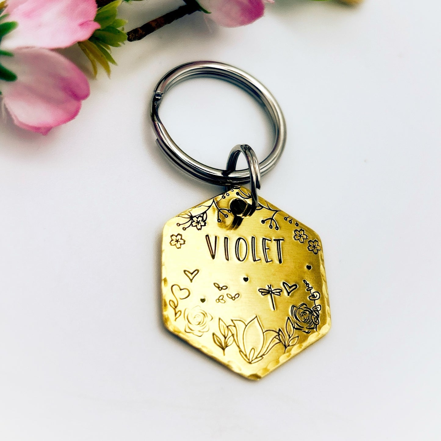 Médaille Personnalisée pour Chien, Médaille d'Identité Chien Personnalisable, Médaillon Argent Hexagone, Fleurs et Nature