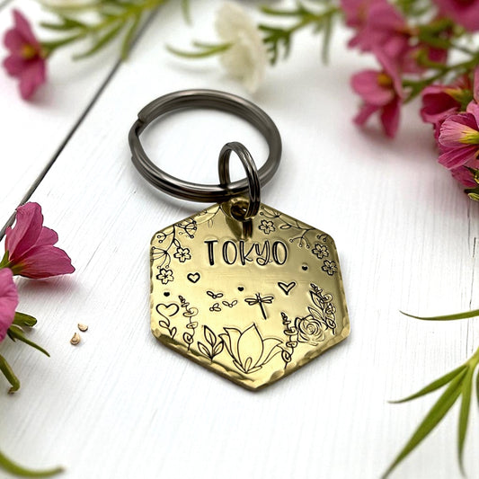 Médaille Personnalisée pour Chien, Médaille d'Identité Chien Personnalisable, Médaillon Argent Hexagone, Fleurs et Nature