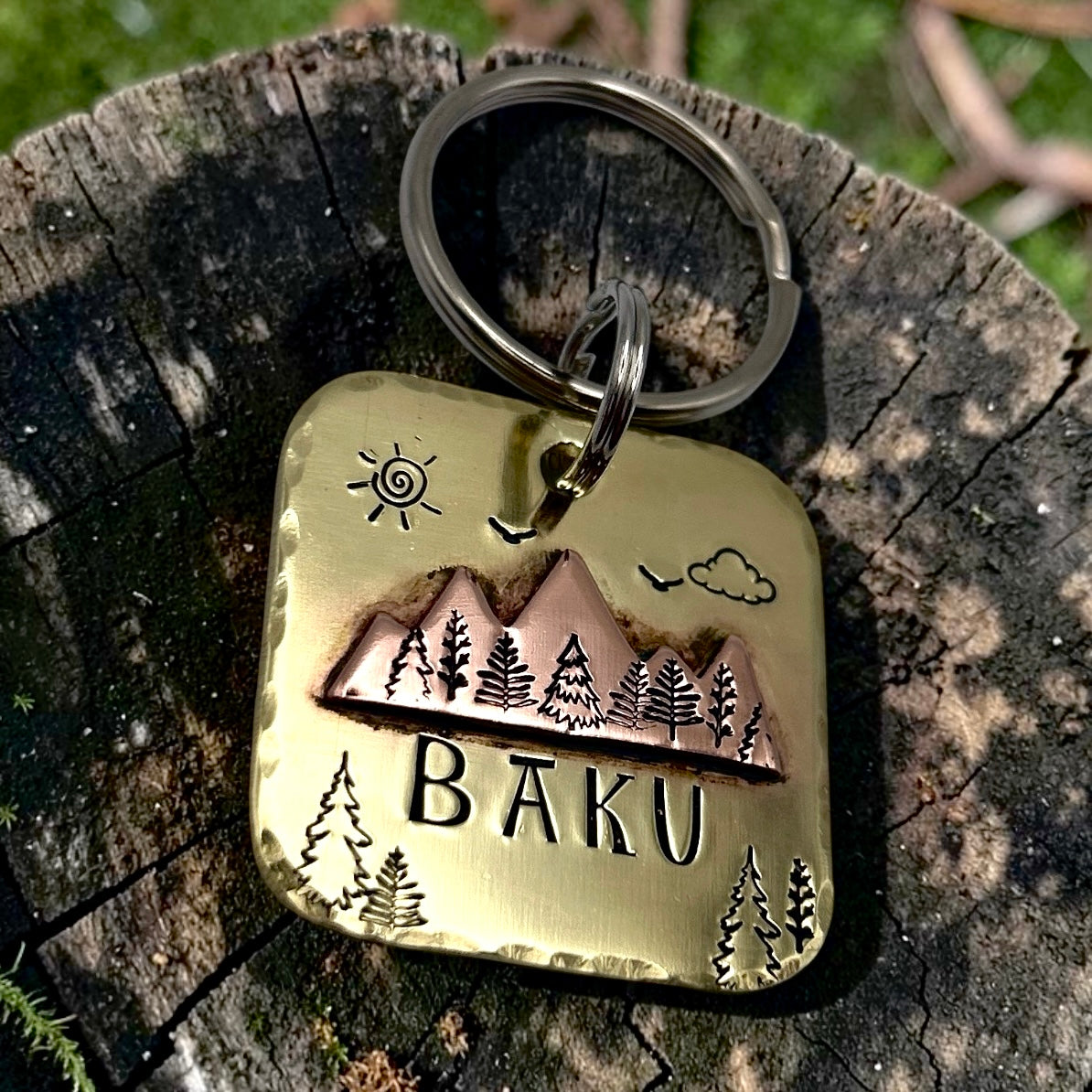 Brass Dog Tag with Mountain Landscape – Personalized Engraving – Unique Dog Accessory