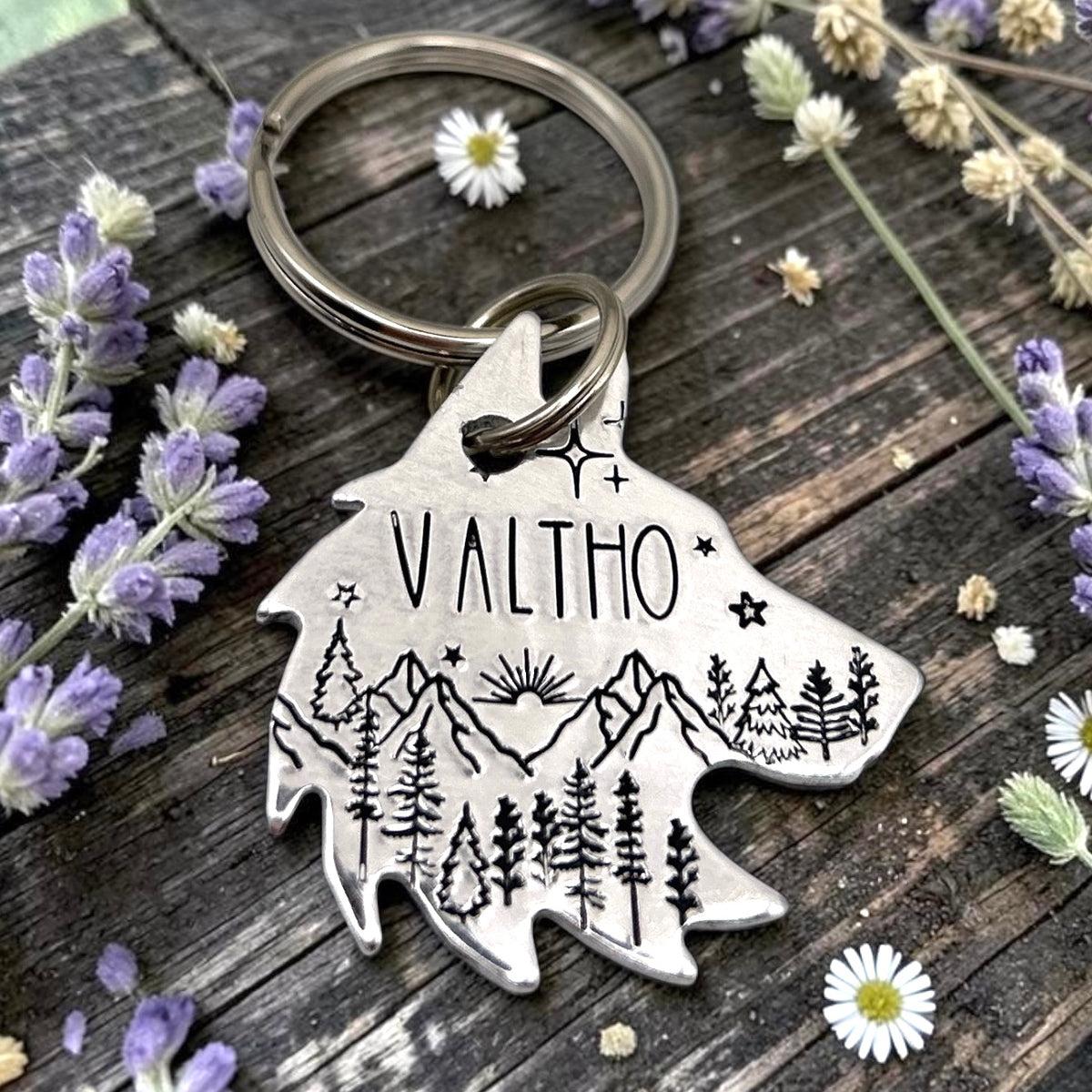Personalized Husky Tag - Engraved Dog Tag with Trees and Mountains