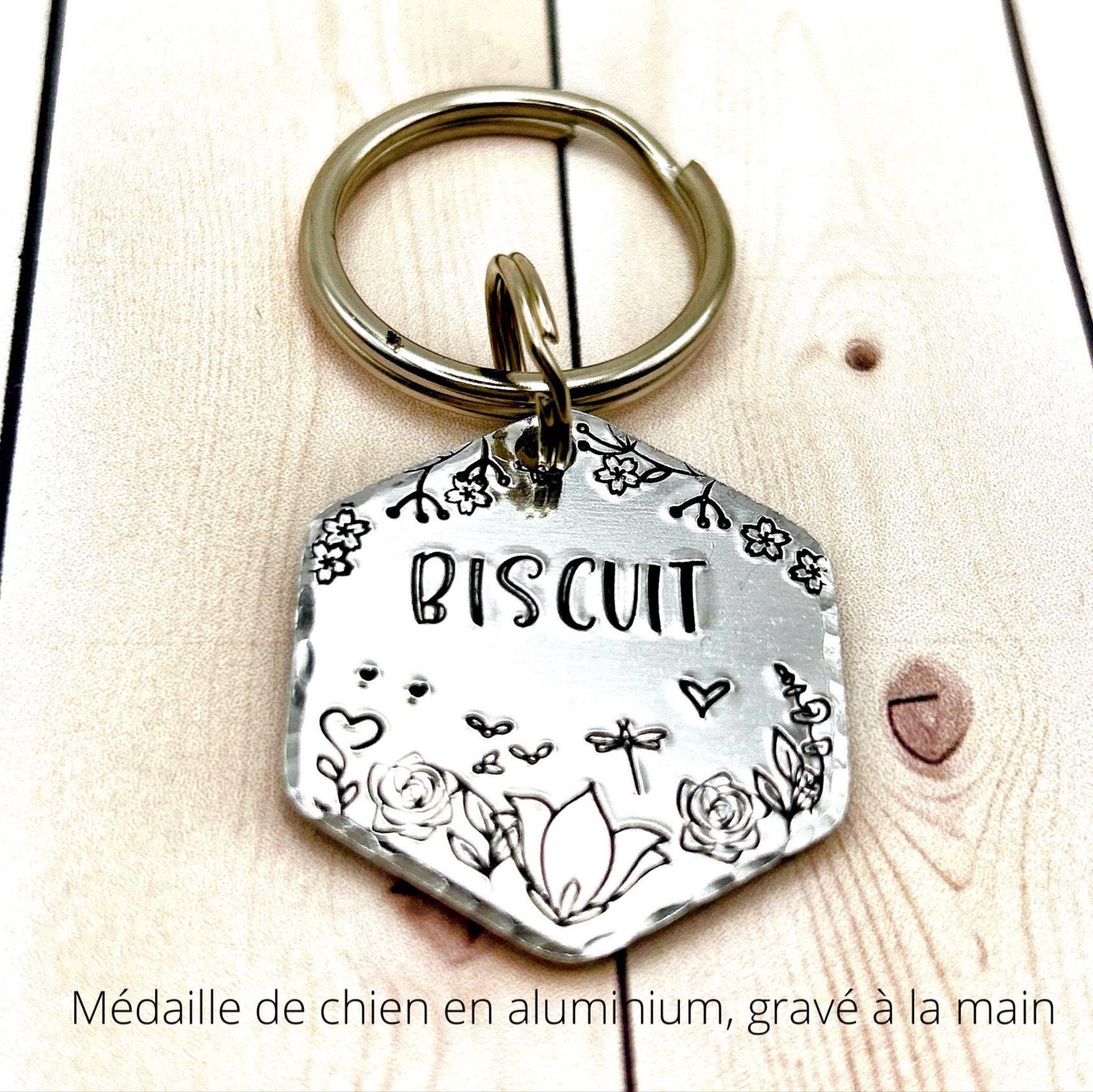Personalized Dog Tag, Customizable Dog ID Tag, Silver Hexagon Medallion, Flowers and Nature
