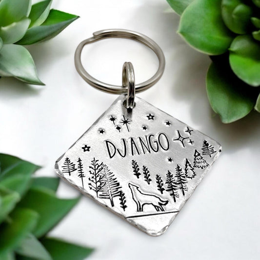 Personalized Dog Tag, Dog Tag with Wolf, Mountain and Forest