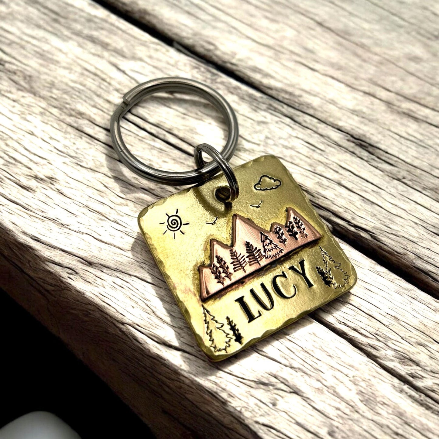 Brass Dog Tag with Mountain Landscape – Personalized Engraving – Unique Dog Accessory