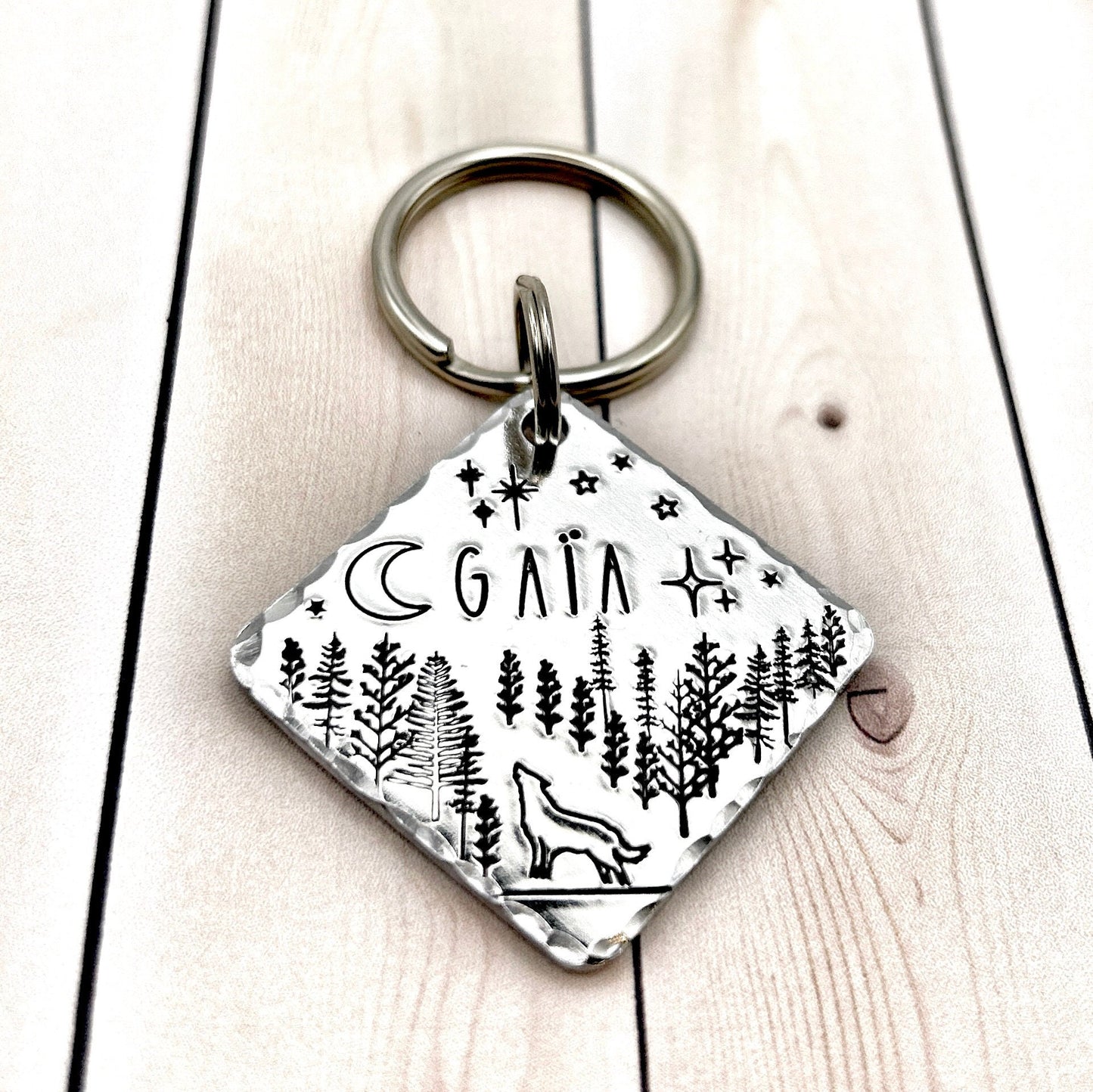 Personalized Dog Tag, Dog Tag with Wolf, Mountain and Forest